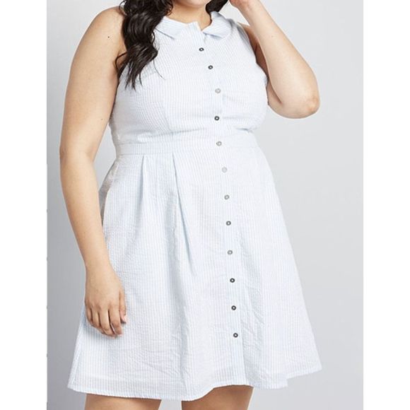 Modcloth Blue Stripe Broadcast Coordinator Sleeveless Shirt Dress Size 20 - Picture 1 of 13